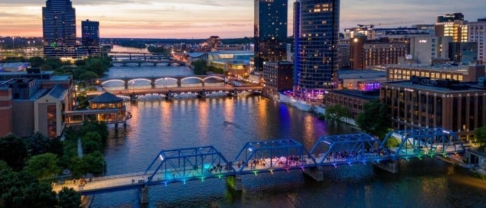 Blue bridge lit up for pride night downtown