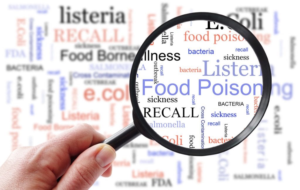 Food poisoning related terms, salmonella, e coli etc, in a word cloud with magnifying glass