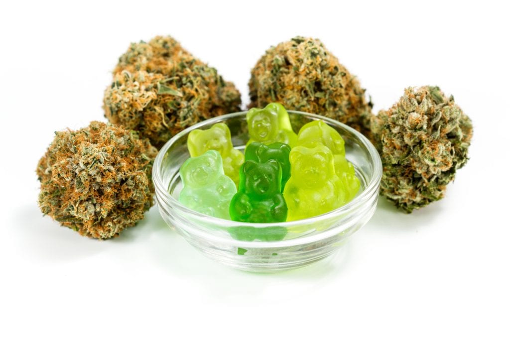 clear bowl filled with gummy bears and marijuana buds around isolated on a white background
